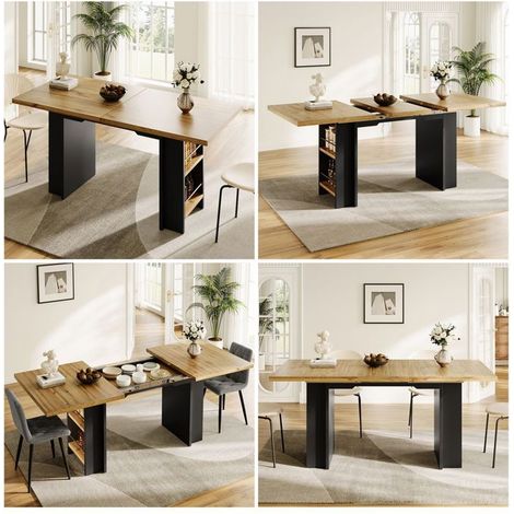 Table de cuisine 120-160 x 80 cm 120- étagères intégrées rallonges intérieures mécanisme télescopique aspect bois (1/5)