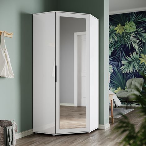 ELEGANT Modern Soft Close High Gloss & Matt White Corner Wardrobes Bedroom Closet Sotrage Furniture with Full Length Dressing Mirror (1/5)
