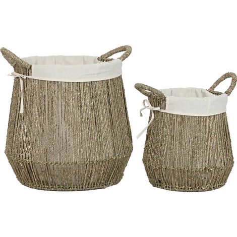 Panier à linge en jonc de mer et coton naturel blanc élégant - Naturel jonc de mer et blanc coton (1/3)