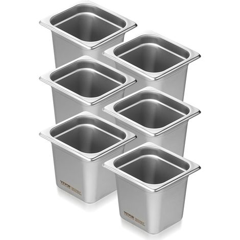 Bac Gastronorme GN 1/6 Lot de 6, Récipient Inox pour Bain-marie 0,8 mm d'Épaisseur, Bac Inox Alimentaire 16 cm Profondeur, pour Fours à Convection, Réfrigérateurs, Stockage, Restauration (1/5)
