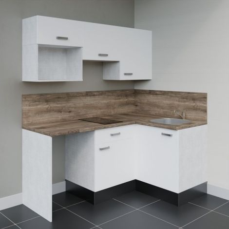 Kitchenette d'angle KA03L-PT avec plan de travail et évier - Façade Blanc - Plan Bois - Evier Inox - Crédences Oui