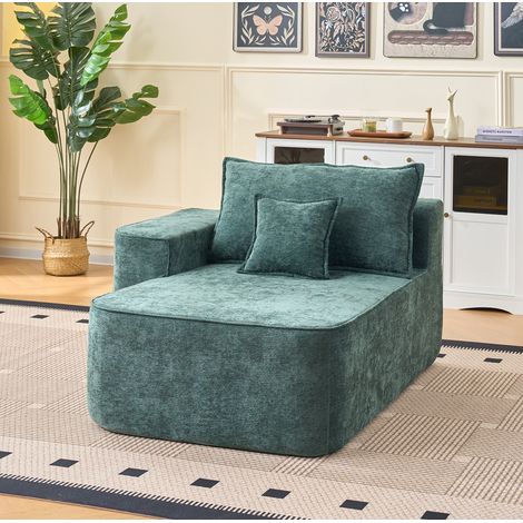 Chaise longue profondità 105 cm verde in chenille con tasche laterali, cuscino e già montata (1/5)