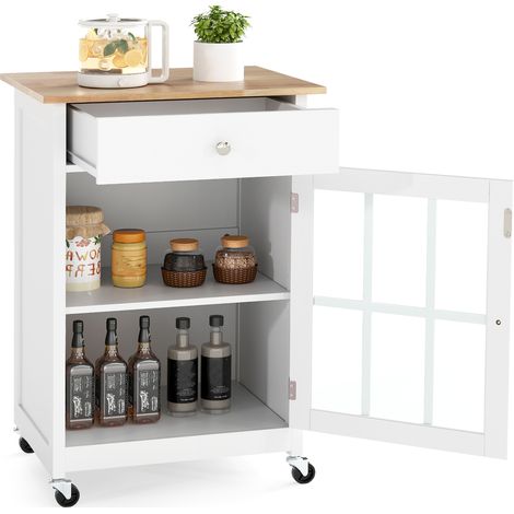 Buffet de Cuisine 65 x 48,5 x 87,5 cm, Plateau en Bois de Caoutchouc, Roues Verrouillables, Tiroir, Porte-Serviettes, Porte en Verre Trempé, Blanc (1/5)