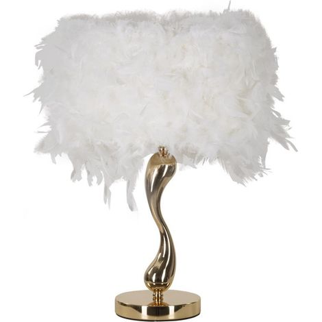 Lampada da tavolo Cart Bianca con base dorata sinuosa e paralume in piume bianche