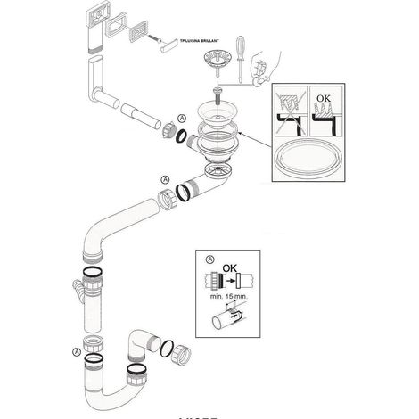 Vidage évier inox 1 bac – Bonde Ø 90 mm – Siphon gain de place pour espaces confinés – Compatible évier VIBRATO – Luisina