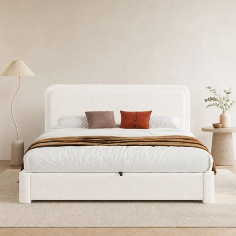 Cama doble 205x168x109 cm con almacenaje hidráulico, cabecero ajustable, somier, bouclé blanco (1/5)