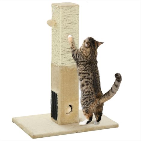 Arbre à chat griffoir peluche beige avec jouets et brosses (1/5)