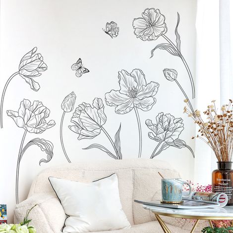 Lntyq Fleur de Jardin Stickers Muraux Noir Blanc Fleur Autocollant Mural Décoration Murale pour Salon Chambre Bureau TV Canapé Salle De Bain Fond