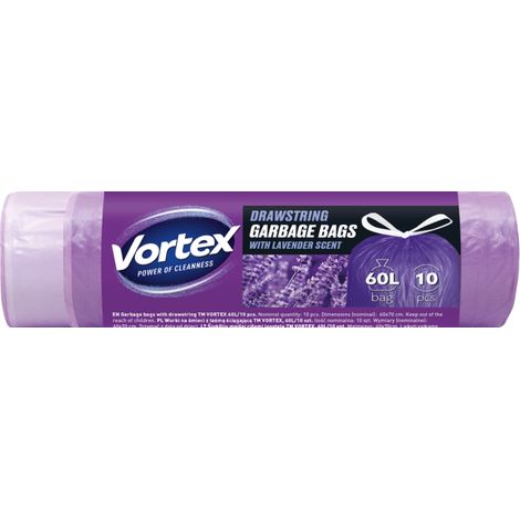 VORTEX Müllbeutel mit Zugband HDPE violett mit Lavenderduft 60l/10Stk Müllbeutel