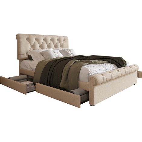 Doppelbett mit Schubladen 140 x 200 cm aus Leinen, 4 Schubladen und Verstellbares Kopfteil, ohne Matratze, Natur (1/5)