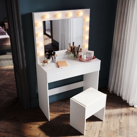SIRHONA Toeletta con Specchio e Lampadine 3 modalità di illuminazione Con 1 cassetto e sgabello Tavolo da Trucco Stile Moderno Bianco 80 x 40 x 140cm (1/5)