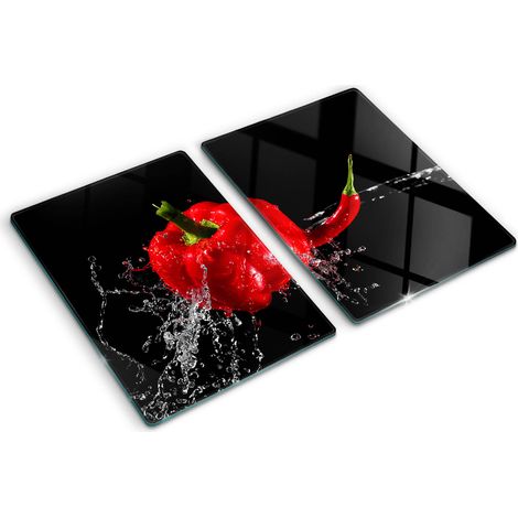 Planche de cuisine, couvre plaque, verre planche découper, verre trempé – 2 x 40 x 52 cm - Poivron rouge