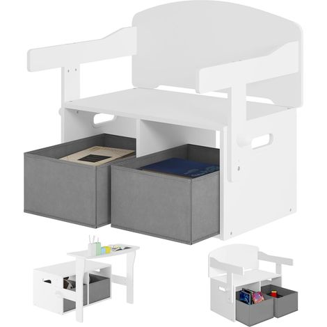WOLTU tavolo per bambini con sedia, 3 in 1, 2 cestini rimovibili, panca con schienale bianco+grigio (1/5)