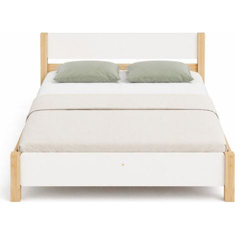 Lit double en bois 140x200 cm avec tête et pied de lit blancs, sommier à 15 lattes, cadre stable avec pied central, style intemporel CHICFURN (1/5)