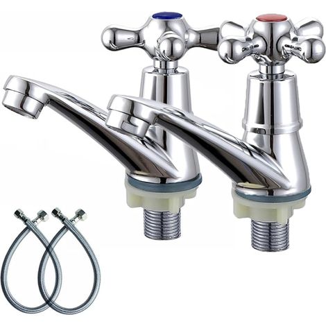 Lot de 2 robinets piliers traditionnels pour lavabo de salle de bain - Deux robinets d'évier d'eau chaude et froide - Chrome poli (1/5)