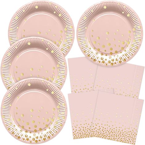 Lot de 40 Assiettes en papier, Rose, Feuille d'or, Serviettes jetables, Vaisselle de fête