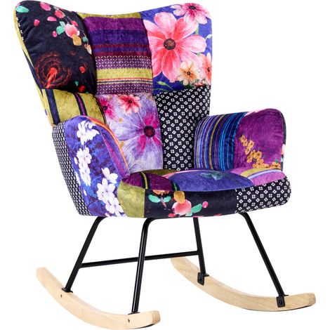 Silla mecedora tapizado de terciopelo patas de madera patchwork multicolor Oulu