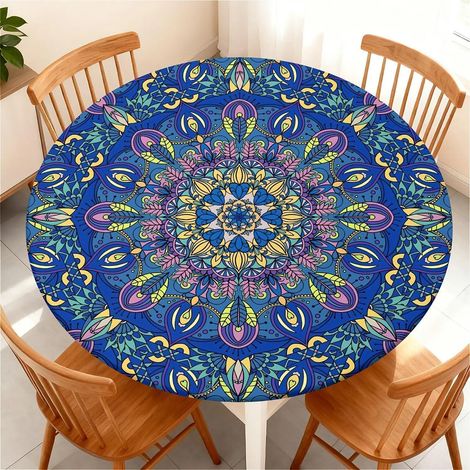 Tischdecke rund 90 cm abwaschbar wasserdicht mit Gummizug Boho Mandala Blau