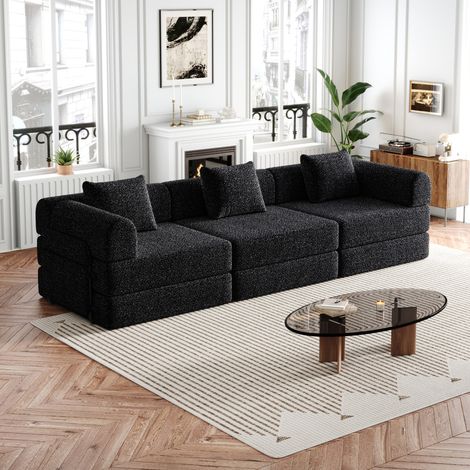 Canapé convertible 1 place en chenille noire avec rangement accoudoir (1/5)