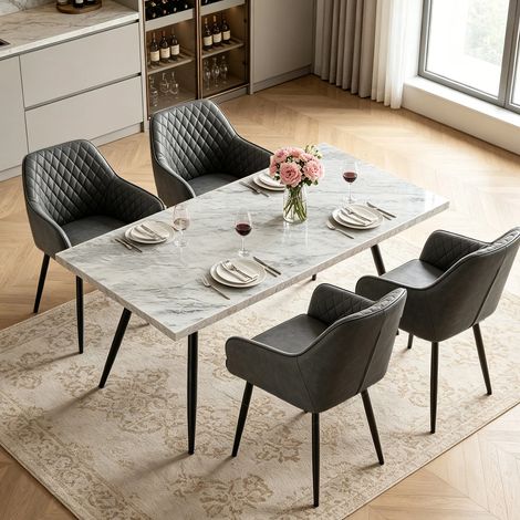 AINPECCA Dining Table and 4 Dining Chairs Set Dining Room Chair Kitchen Home Office(White table+4 Dark Grey PU Leather chairs)
