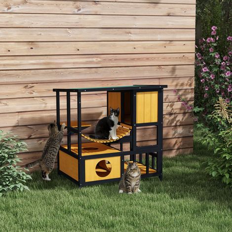Niche pour chat, abri pour chat, grotte pour chat, résistante aux intempéries, 1 rampe, 1 plateforme, 84,5 x 60 x 88 cm, vert et naturel