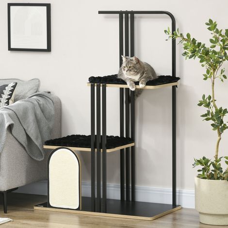 Arbre à chat. Design industriel. 2 plateformes. 2 coussins. Mur à griffer. Structure en acier. Noir. 85 x 48 x 128 cm