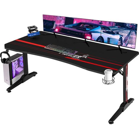 Devoko Bureau Gaiming Bureau Gamer Informatique Table avec Porte-Boisson et Porte-Casque,160 cm Noir (1/5)