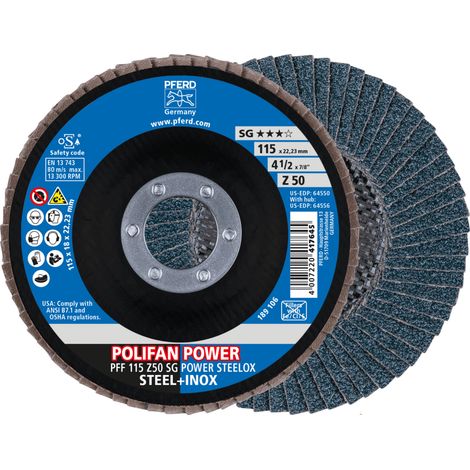 PFERD TOOLS POLIFAN POWER Fächerscheibe PFF 115x22,23 mm flach Z50 Leistungslinie SG STEELOX für Stahl/Edelstahl 10 Stk
