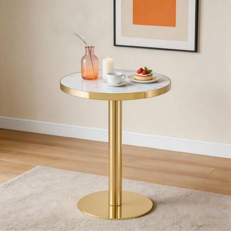 Table ronde cadre en acier inoxydable doré plateau effet marbre revêtement uv socle stable style luxueux (1/5)