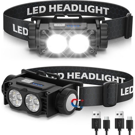 Lampe Frontale 2 Pièces,Lampe Frontale LED Ultra Puissante 2000 Lumens,USB,Torche Frontale 3 Modes IPX5,Camping,Cyclisme,Running (1/5)