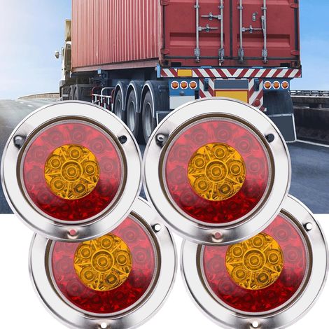 LED Brake Light, 4 Inch Round 16 LED Truck Trailer Brake Stop Turn Tail Light Ring Chrome Double Colour, 12V/24V Set of 4 (Red (1/5)