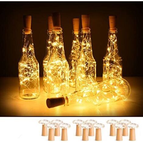 Juego de 10 guirnaldas de luces para botellas de vino con tapones de corcho, 2 m, 20 LED a pilas, cable de cobre para proyectos de bricolaje, decoración de bodas, luz blanca cálida. (1/5)