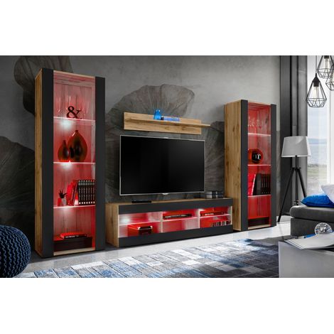 Komodee Ensemble de Meubles Tivoli Grande, Wotan/Noir, Largeur 250cm x Hauteur 159cm x Profondeur 35cm, LED RGB, 3 étagères, pour Salon, Chambre, Entrée