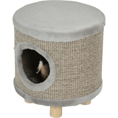 Taburete Reposapiés Cama Gato 3 en 1 Rascador Patas Madera Pluma Gris 36x36x38 cm (1/5)