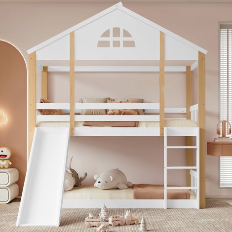 Tkopy - Lit superposé 90x200cm - Lit enfant avec fenêtre - Lit cabane en bois de massif - Lit doubles pour enfants avec toboggan et escalier - Lit adulte - Protection antichute - Blanc+naturel - Sans 