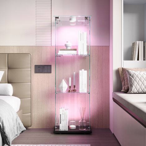 Vitrine 39,8x35x123,3 cm, Sammlervitrine mit 3 Ebenen, 1 Tür, LED-Beleuchtung und Schloss, Hartglas und Metall, Schwarz