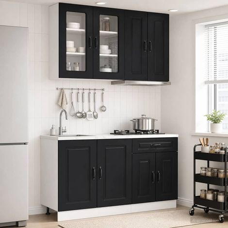 vidaXL Unité de cuisine KALMAR 4 pc Noir Bois d'ingénierie (1/5)