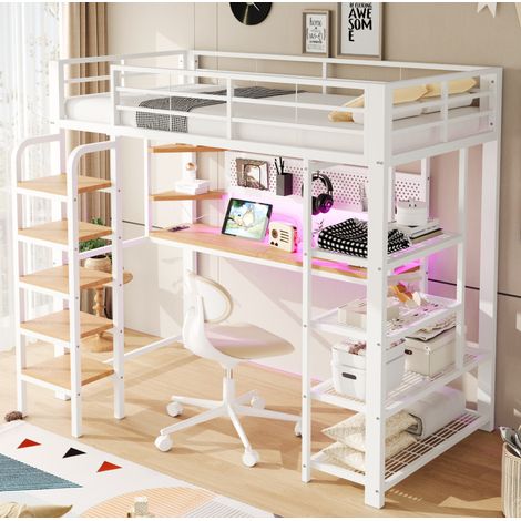 Hochbett 90x200 mit Schreibtisch LED Steckdosen Weiß OKMYHOME (1/5)