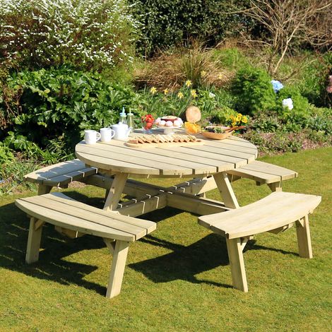 Zest Rose Round Wooden Picnic Table Garden Bench Seat PEFC 8 Seater (1/5)