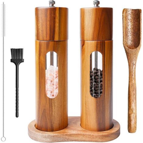 Lot de 2 moulins à sel et à poivre manuels en bois - Broyeur en céramique - Moulin à épices - Moulin à sel pour épices, poivre, sel - 21,5 cm (soucoupe + cuillère de remplissage + 2 brosses) (1/5)