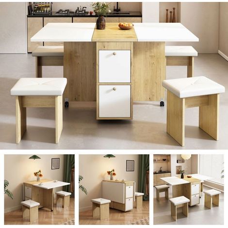 Ensemble table et chaises salle à manger 120x80x80, design blanc et chêne table extensible pliante (1/5)