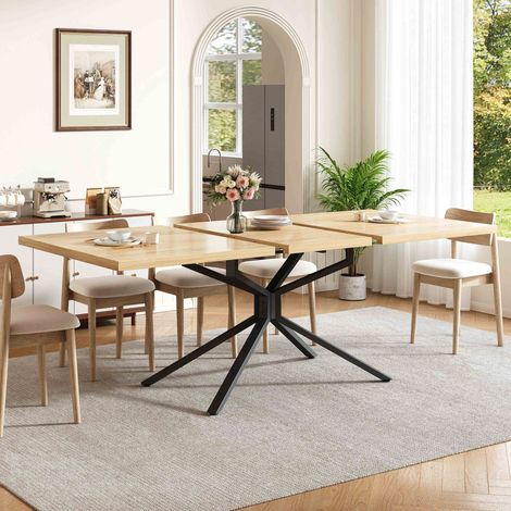Table à manger extensible rectangulaire 120/160x90 cm pour 4 à 6 personnes, plateau MDF effet chêne clair, piètement métal noir design étoile (1/5)