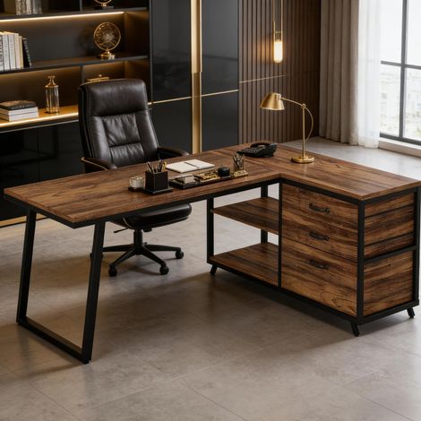 Reversibler L-Eckschreibtisch mit Stauraum, 135 x 100 x 75 cm, Holz und Metall, OKWISH (1/5)