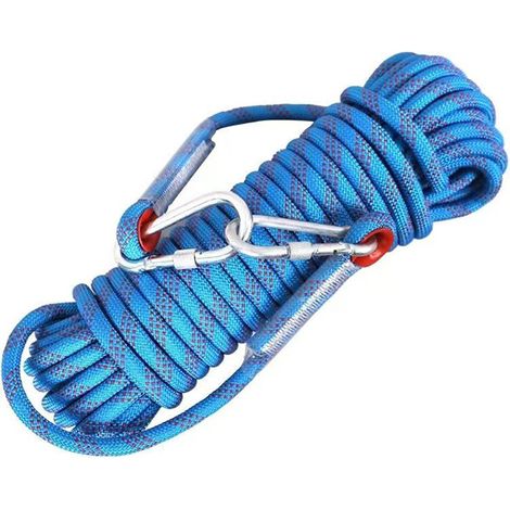 Corde d'escalade – Corde de sécurité extérieure – Double mousqueton – Très résistante et durable – Idéale pour le camping, la randonnée, le rafting et l'amarrage – Bleue – 10 mètres (1/5)