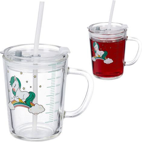Relaxdays Set de 2 Vasos Infantiles, Diseño Caballo, Jarrita Agua Niños, con Asa, Tapa y Pajita, 400 ml, Transparente (1/5)