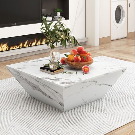 Mesita Centro Tambor 70x70x37 Cm, Diseño Trapezoidal Mármol Blanco, Moderna Salón (1/5)