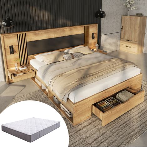 Letto contenitore moderno in MDF naturale 160x200/180x200 cm con testiera imbottita PU, materasso, 5 vani, comodini e luci