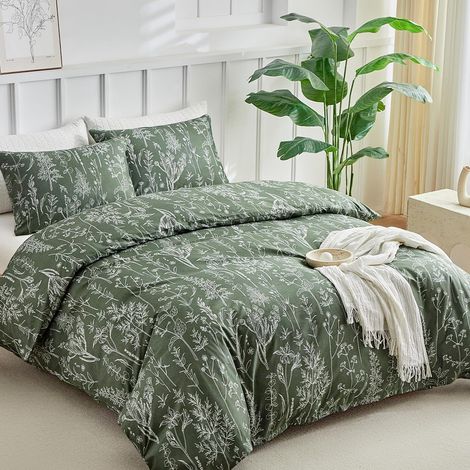 Parure de lit 220 x 240 cm, ensemble de literie 3 pièces avec housse de couette, motif sauge olive 220 x 240 cm, ensemble de literie en microfibre avec taies d'oreiller zippées 80 x 80 cm  2 (1/5)
