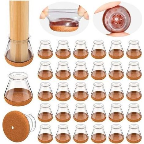 Protection Pied de Chaise, 32 pièces Transparent, Ronds Patins pour Chaises en Silicone avec Feutre épaissi, Convient aux planchers de Bois Franc (Fit:14-20mm) (1/5)