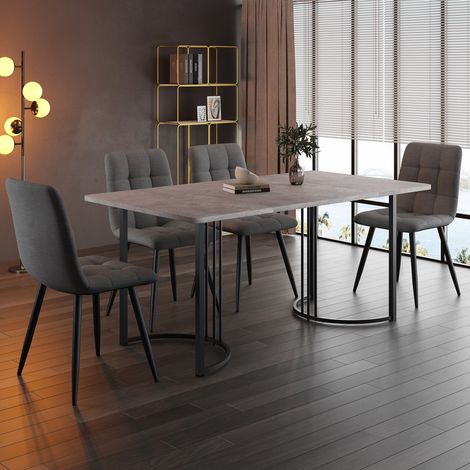 Ensemble repas 140 x 80 cm avec table mdf grise, pieds métal noirs et 4 chaises en lin gris foncé (1/5)